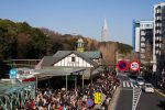 Harajuku Station with Yoyogi Park to the left and Harajuku to the right.